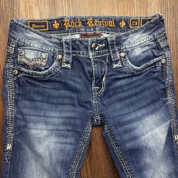 Rock Revival Henna Skinny Jeans Rhinestones Distressed Dark Wash Women’s Size 25 - Picture 3 of 12